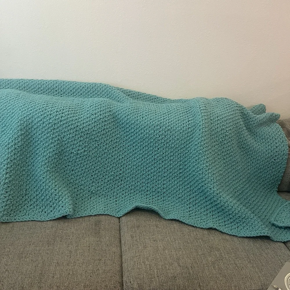 Vintage Handmade Turquoise Crochet Blanket Afghan 45' x75
